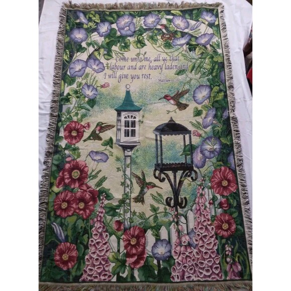 Tapestry Throw Blanket Hummingbird Morning Glory Flowers Matthew 11:28 74” x 45”
